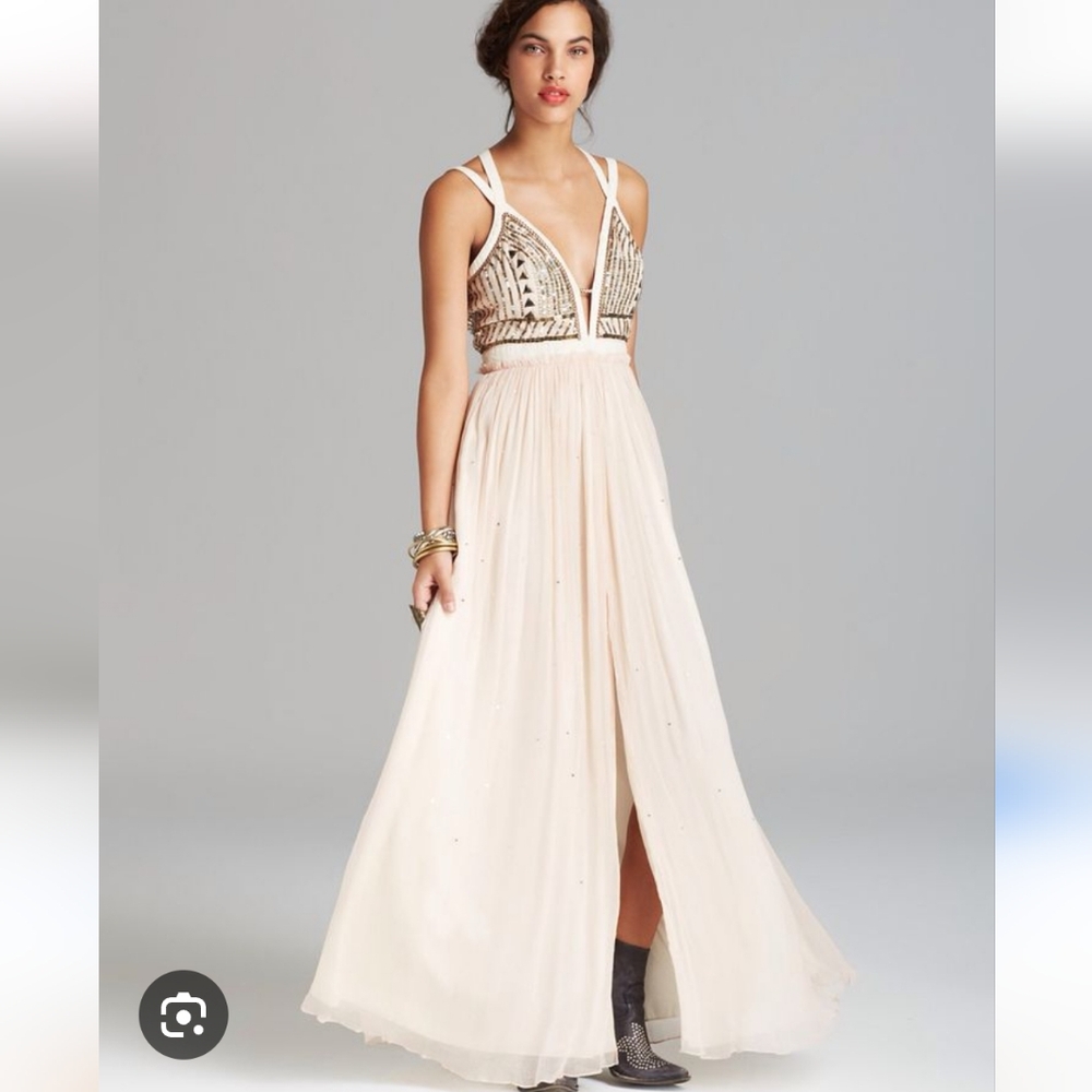 Free People Golden Chalice Seashell Pink Sequin Greek Maxi Dress Sz 4